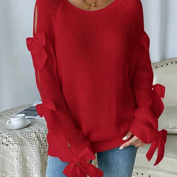 Red Casual Women's Hollow-Out Bow Decor Long Sleeve Sweater - Picture 4 of 5
